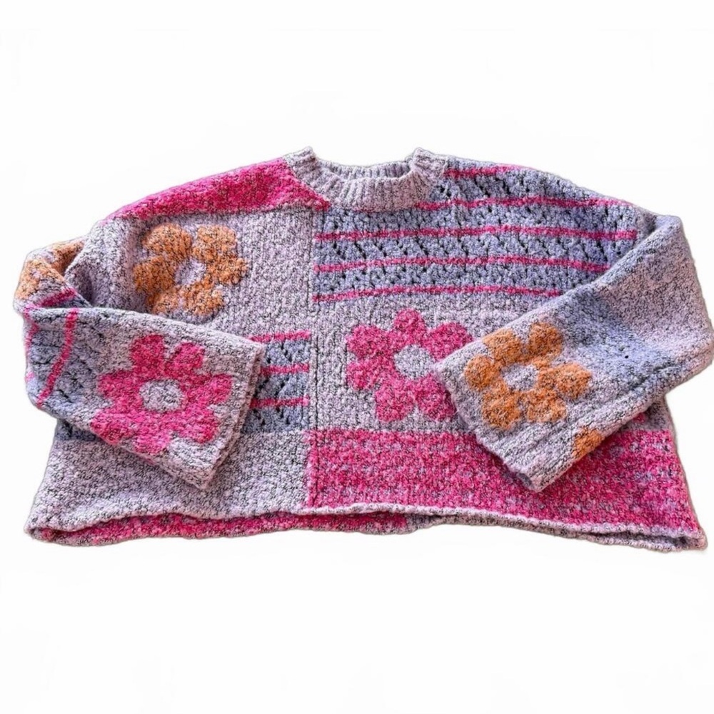 Moon & Madison Floral Patchwork Cropped Sweater ~ Boho Cottagecore Knit ~ Size S - Picture 10 of 14